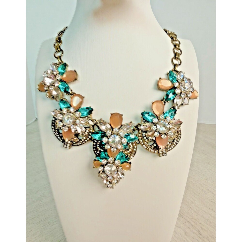 Vintage Joan Rivers Statement Bib Necklace Flower Teal Peach Crystal Gold Tone